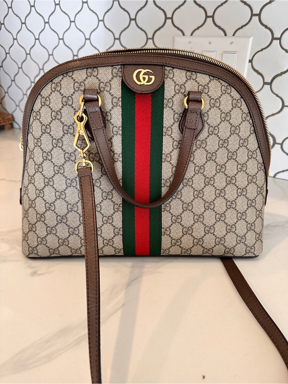 Gucci Brown Ophidia GG Supreme Top Handle Medium Bag